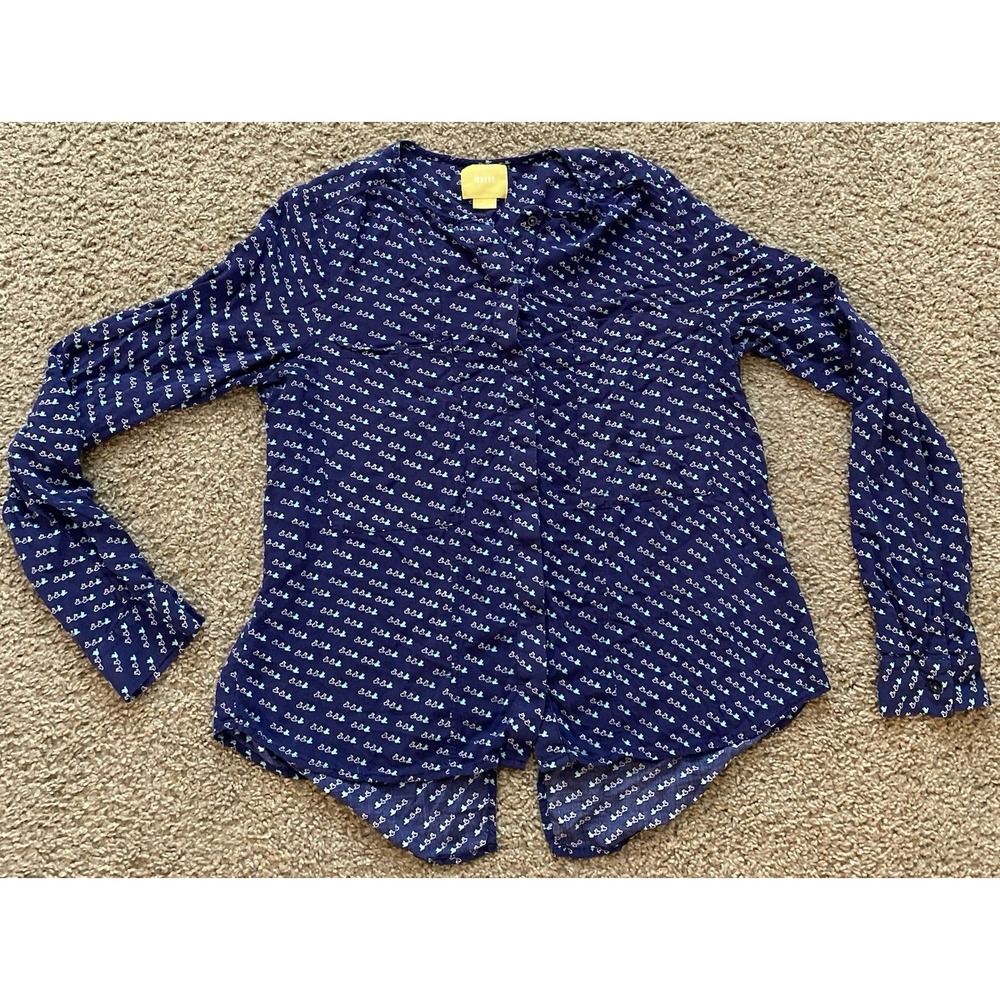 Anthropologie Maeve Blouse Women Clara Bird Blouse Button Down Shirt Size 4 Navy